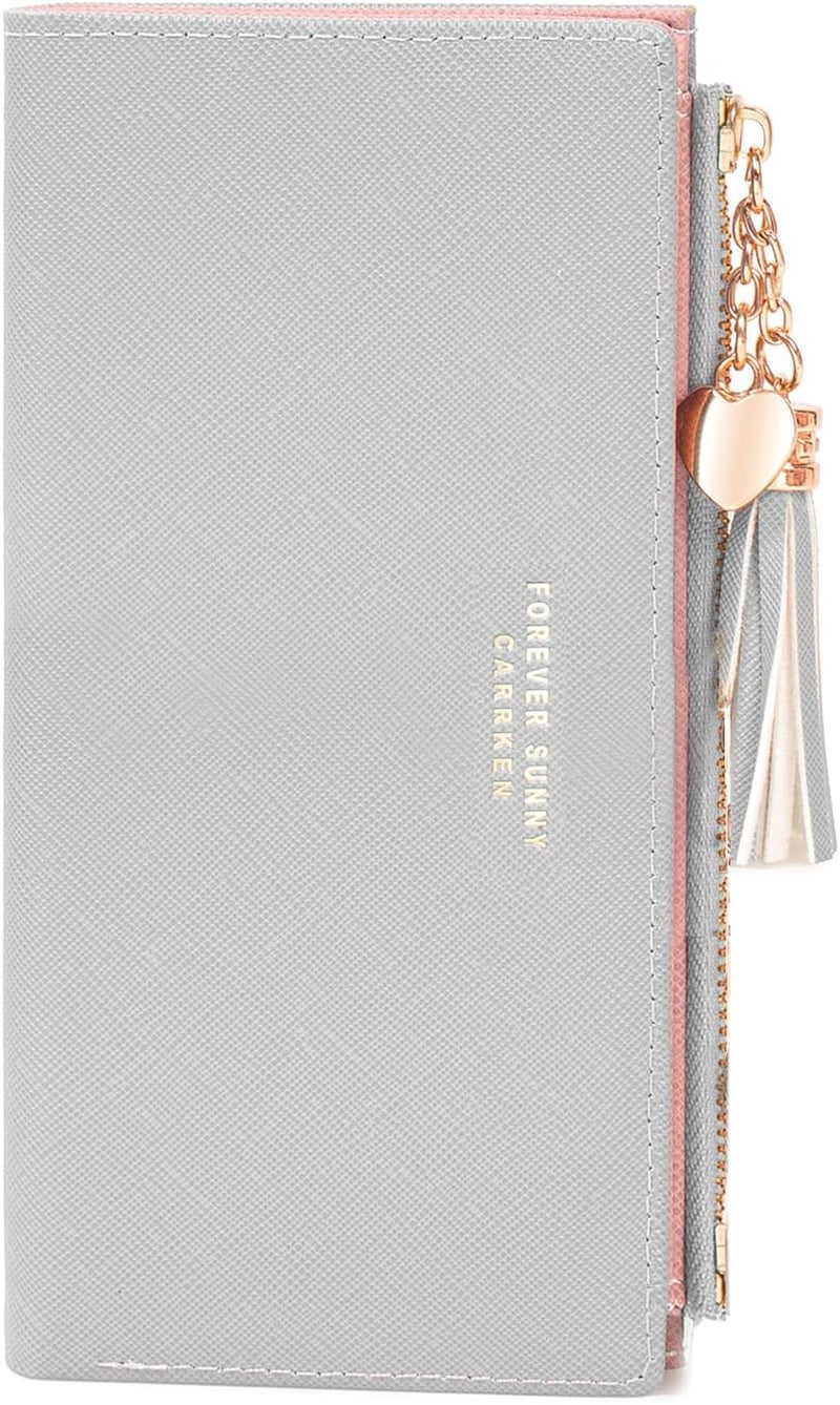KOTORA Womens Slim Wallet Girls Thin Wallets Pretty Mini Long Card Holder Small Tiny Clutch Zip Purse Love Pendant Tassels Billfold (Grey) - Image 1
